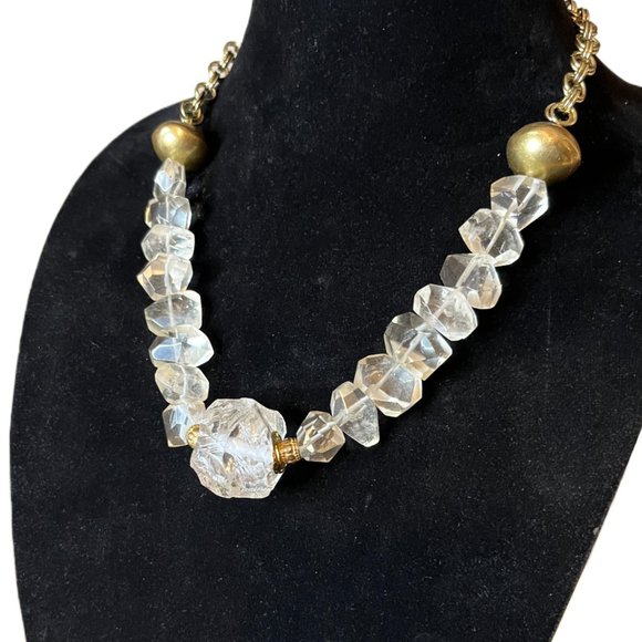 Jewelry - Handcrafted Chunky Necklace. Clear Crystal Quartz & Gold tone accents & Chain.
